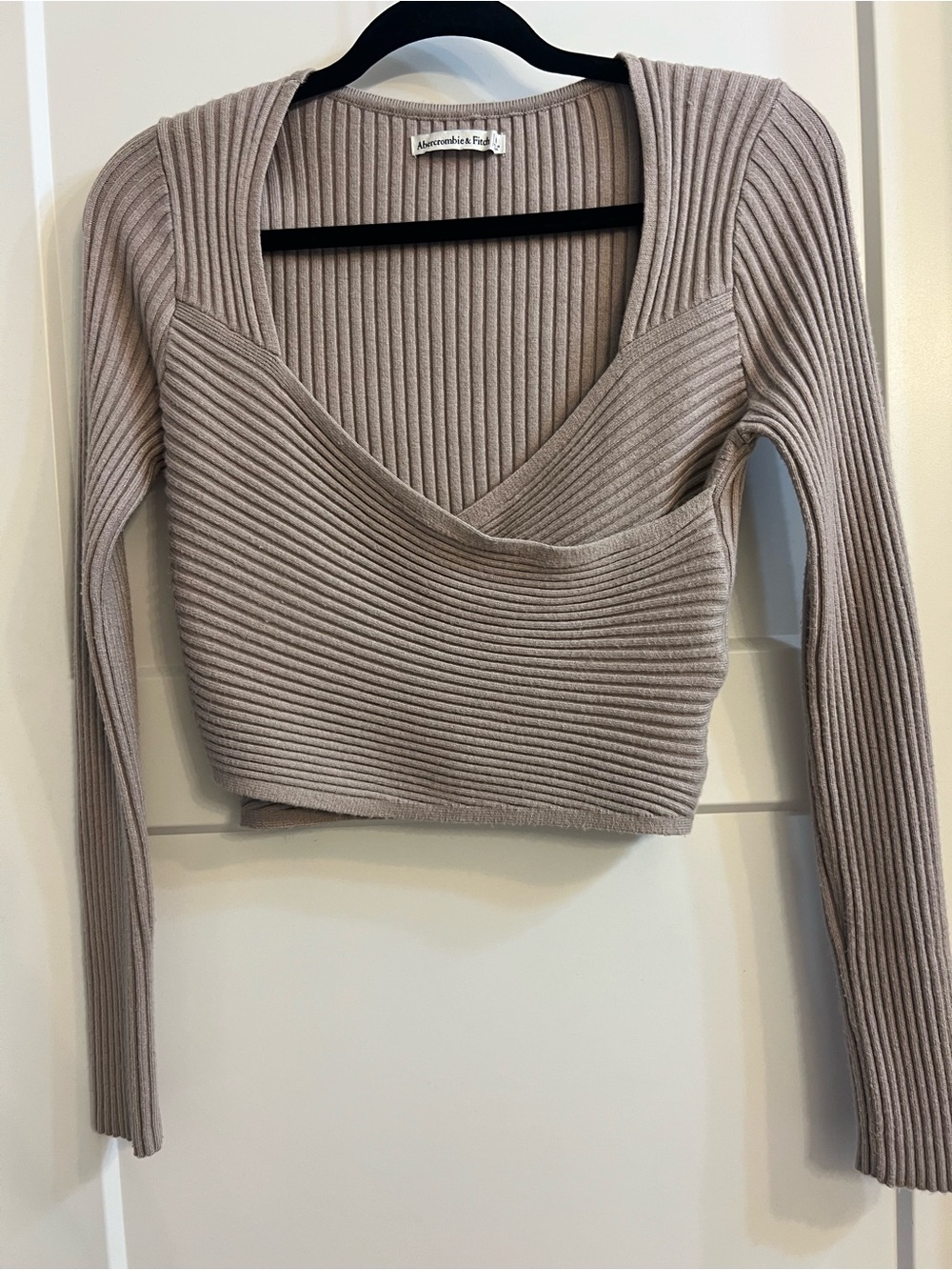 Abercrombie & Fitch Ribbed Wrap-Style Cropped Sweater in Taupe
